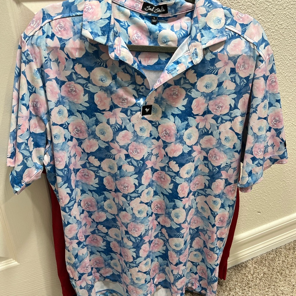 Bad Birdie Blue Polo with Pink and White Floral Print